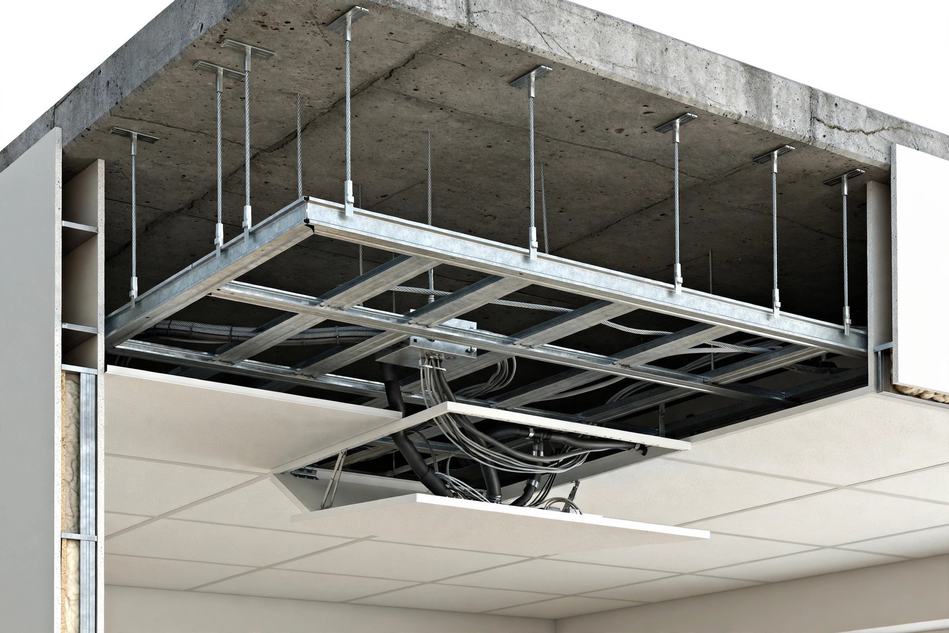 Cutaway view showing metal framework, suspension wires and an open access panel above a false ceiling