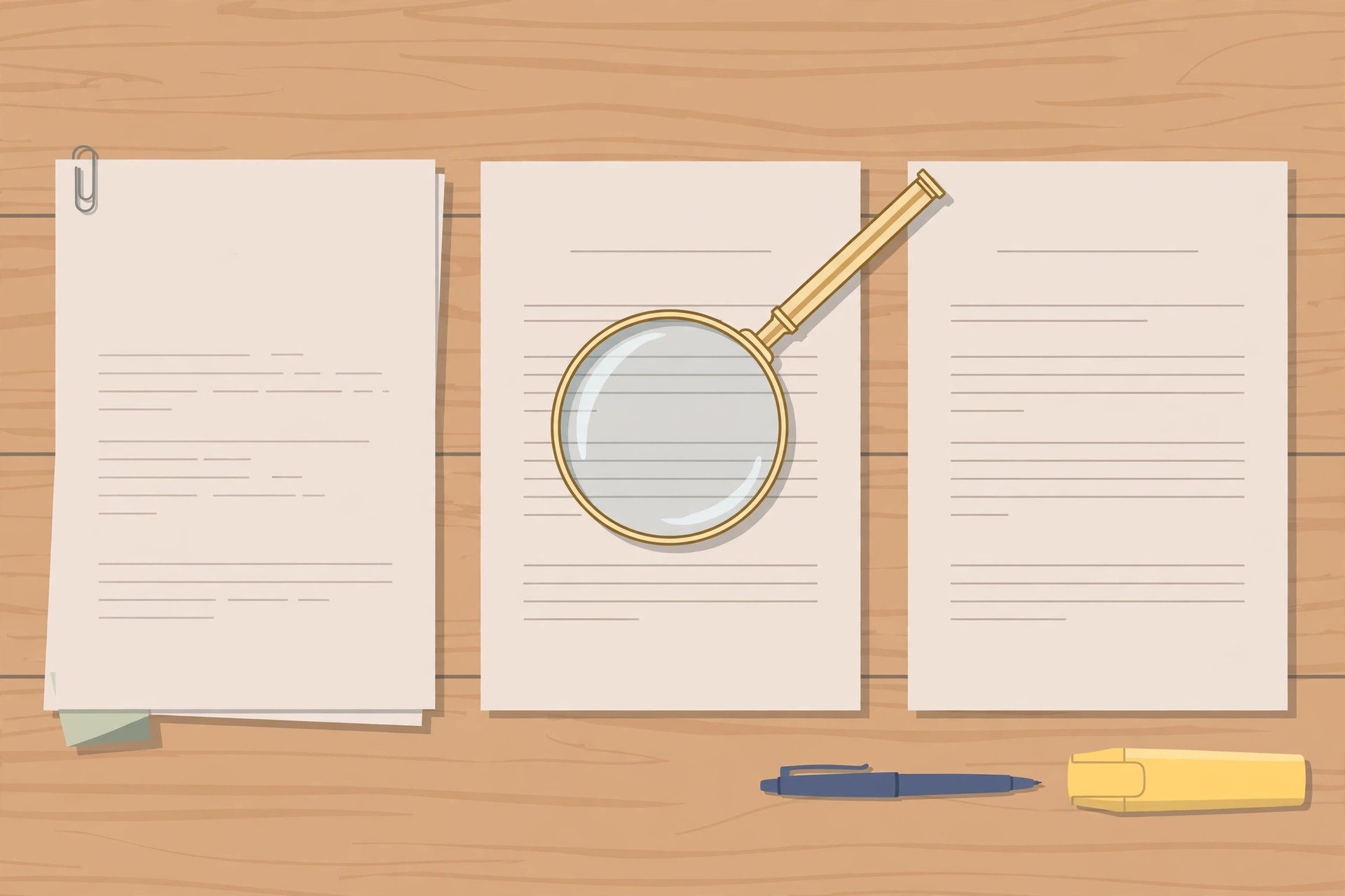 Illustration of three contractor quotation documents being compared with a magnifying glass