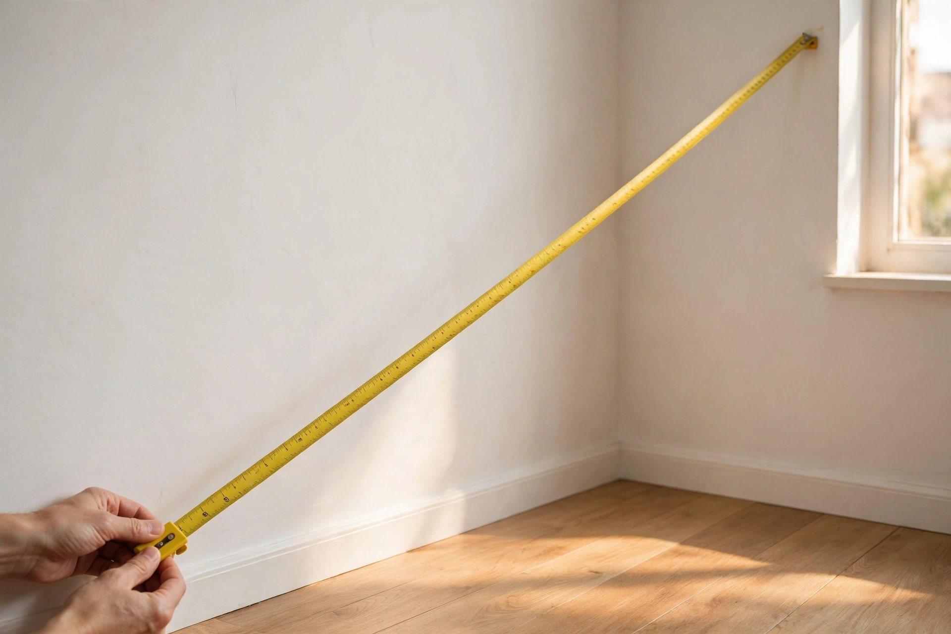 A measuring tape stretched across an empty room to calculate ceiling area before budgeting