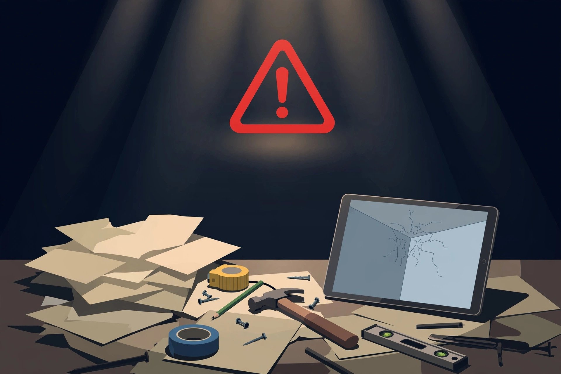 Illustration of a warning sign over messy contractor paperwork representing red flags in cheap quotes
