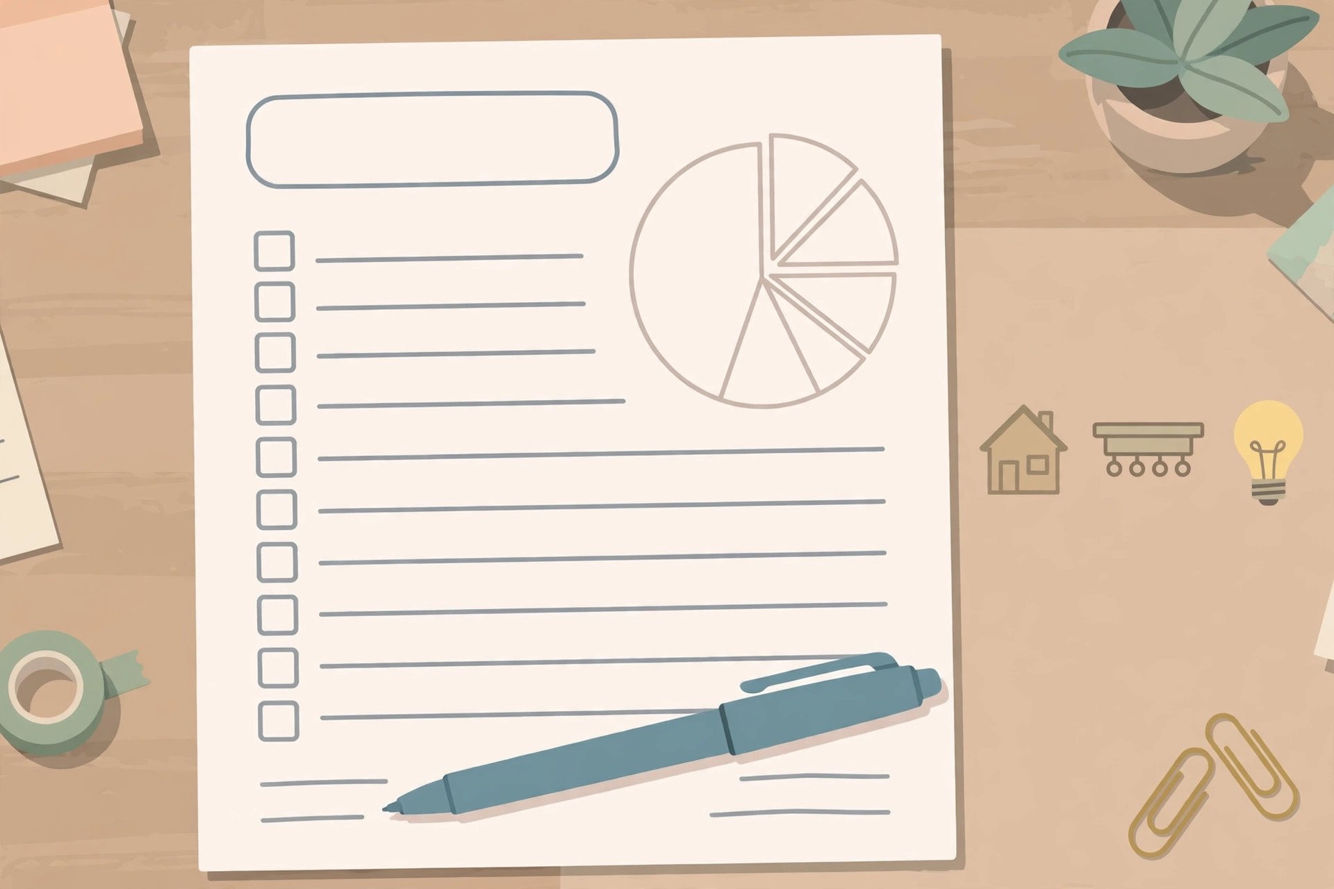 Illustration of a neat budget planning worksheet with checkboxes and a pie chart outline