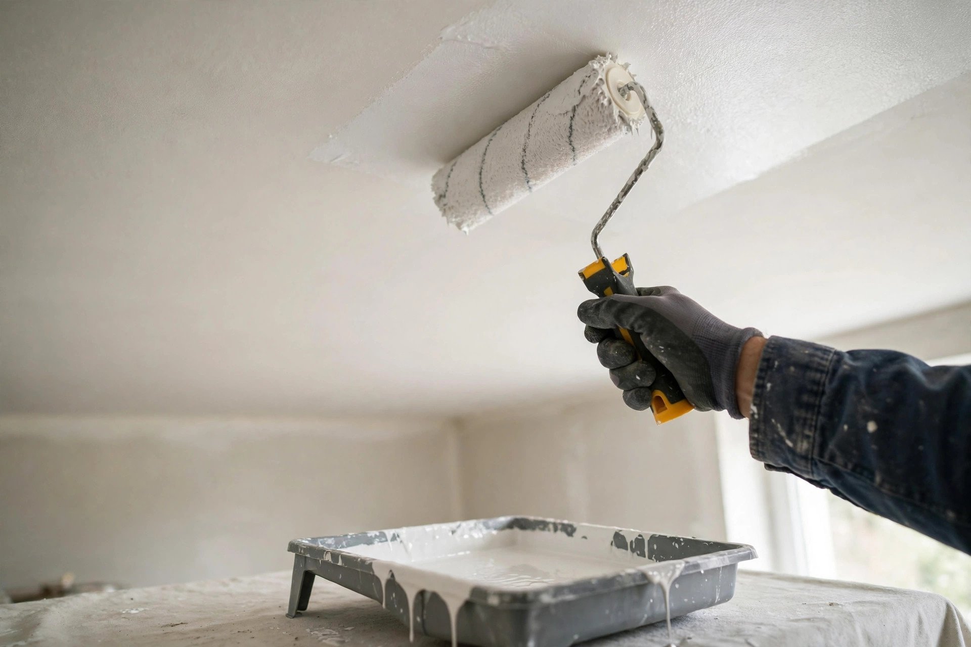A hand rolling fresh white paint onto a smooth gypsum false ceiling during finishing work