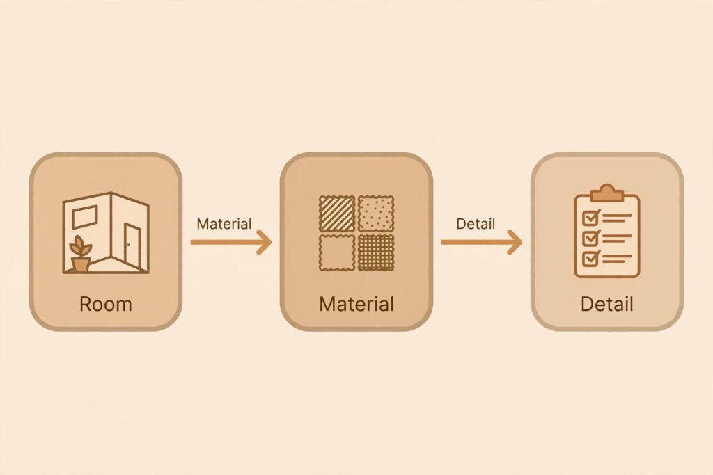 Illustrated flowchart showing the three-step decision chain: room first, material second, design details third