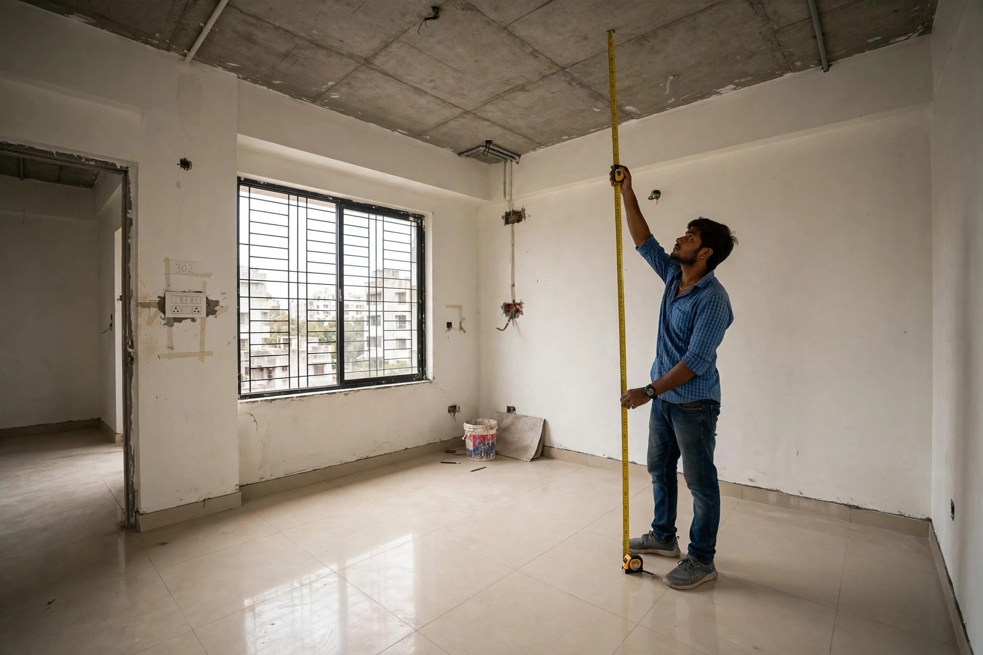 Person measuring ceiling height with a tape measure in an unfurnished room after flooring