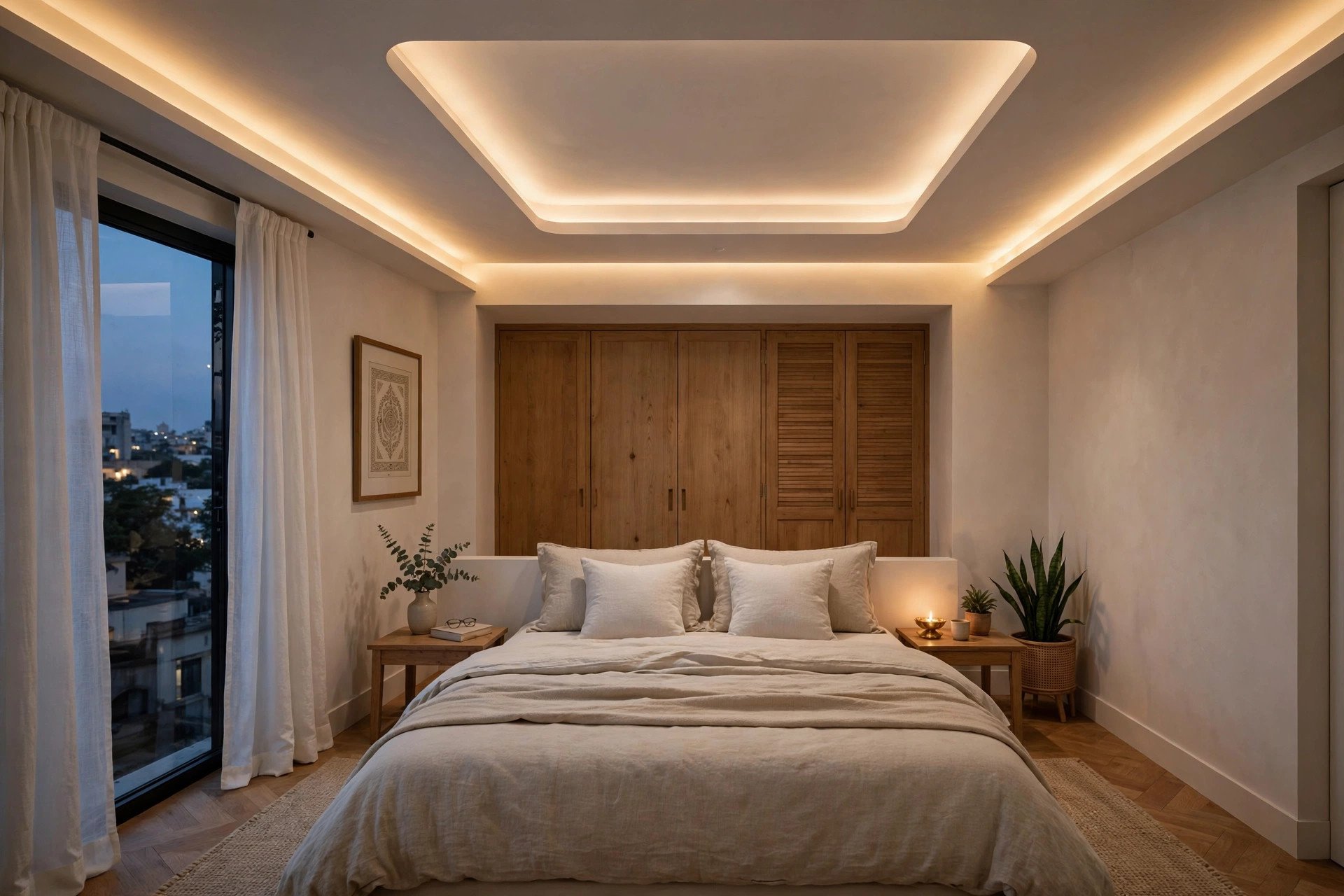 Bedroom with a simple gypsum false ceiling with warm cove lighting and a recessed centre