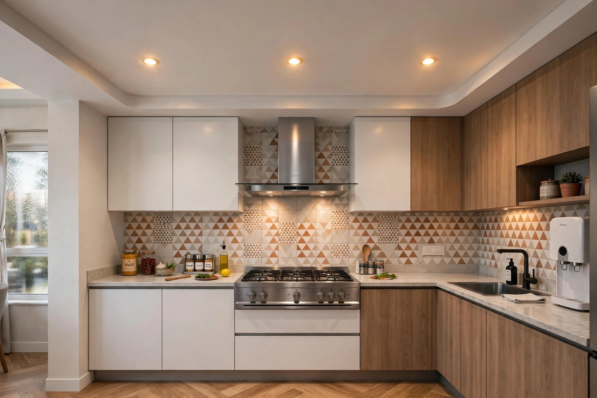Modern kitchen with a moisture-resistant false ceiling and wipeable surface under warm downlights