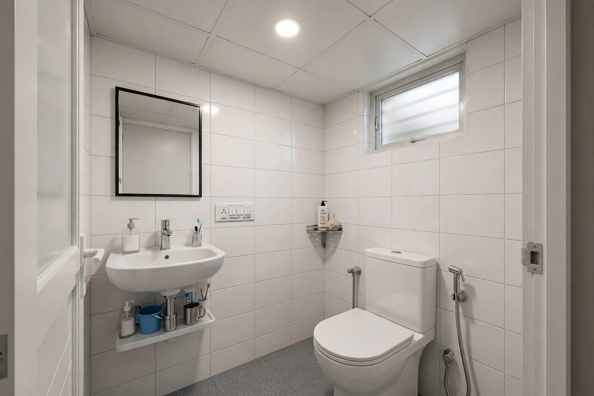 Compact bathroom with white PVC panel false ceiling and a moisture-safe recessed light