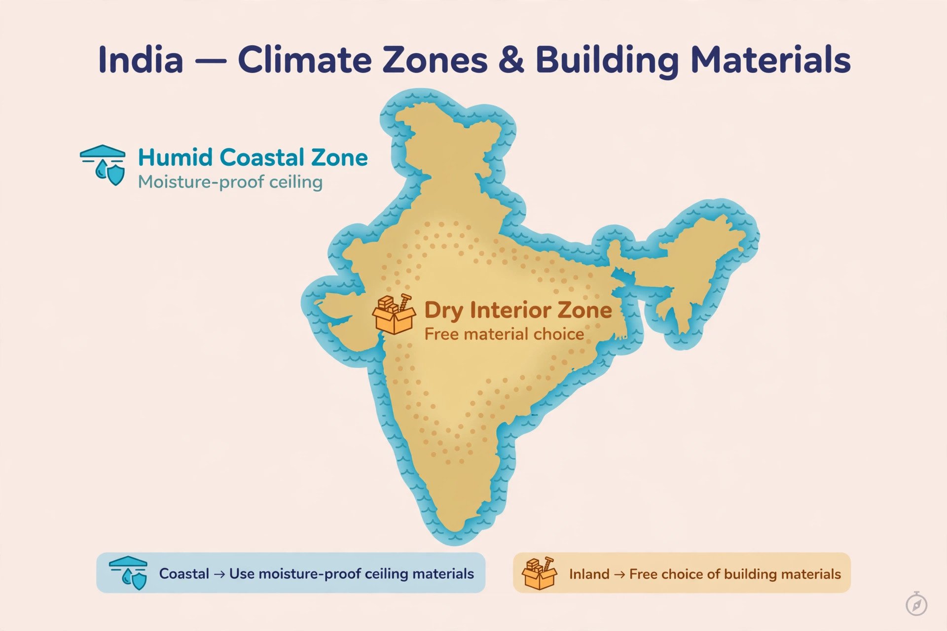 Illustrated climate map: humid coastal zones favour moisture-resistant ceilings, dry zones suit all materials