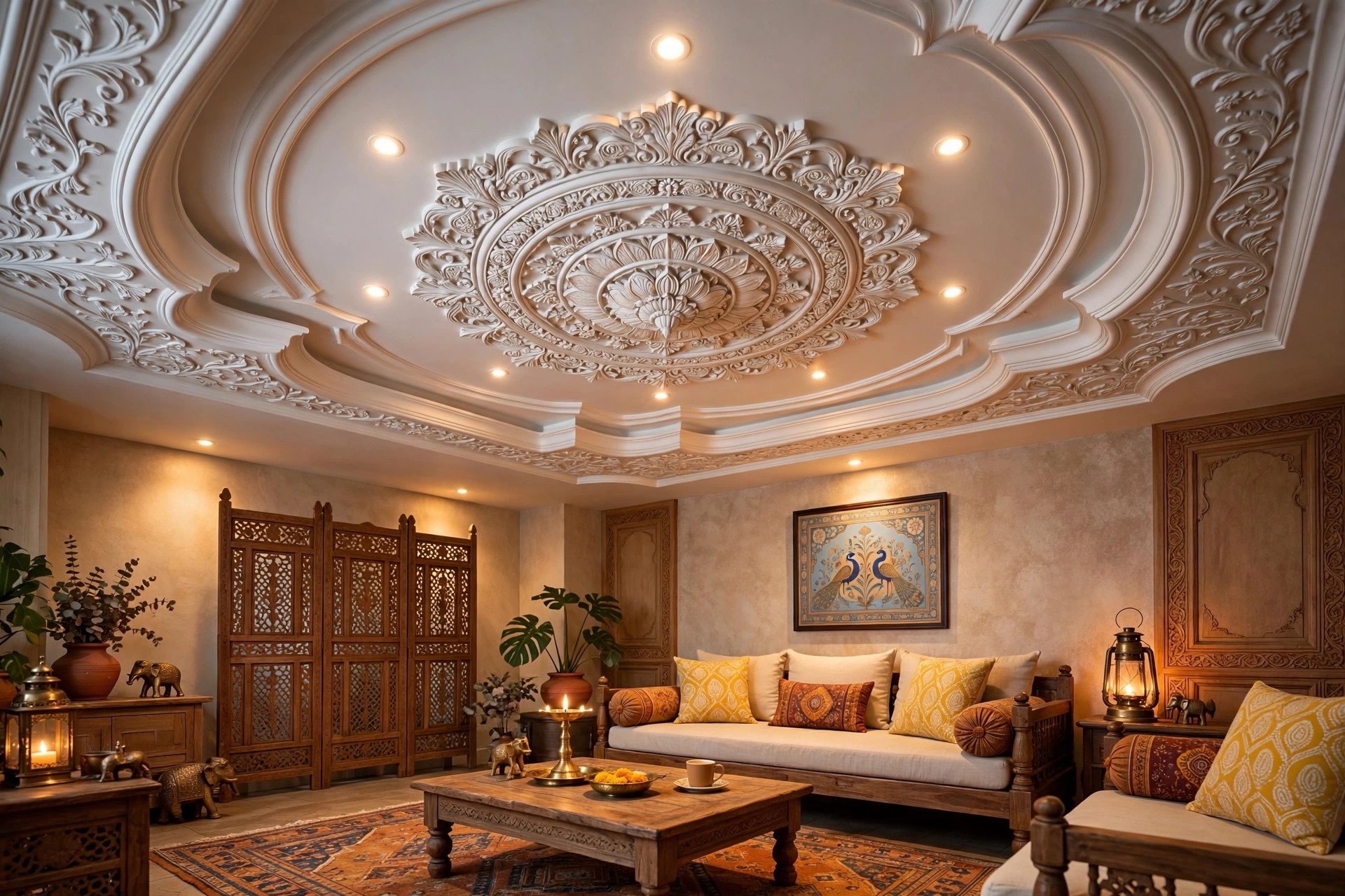 Concept render of an ornate POP false ceiling with curved mouldings and a decorative medallion