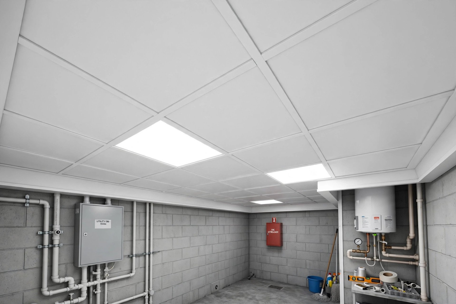 Concept render of a PVC panel false ceiling in a utility area with clean panel joints