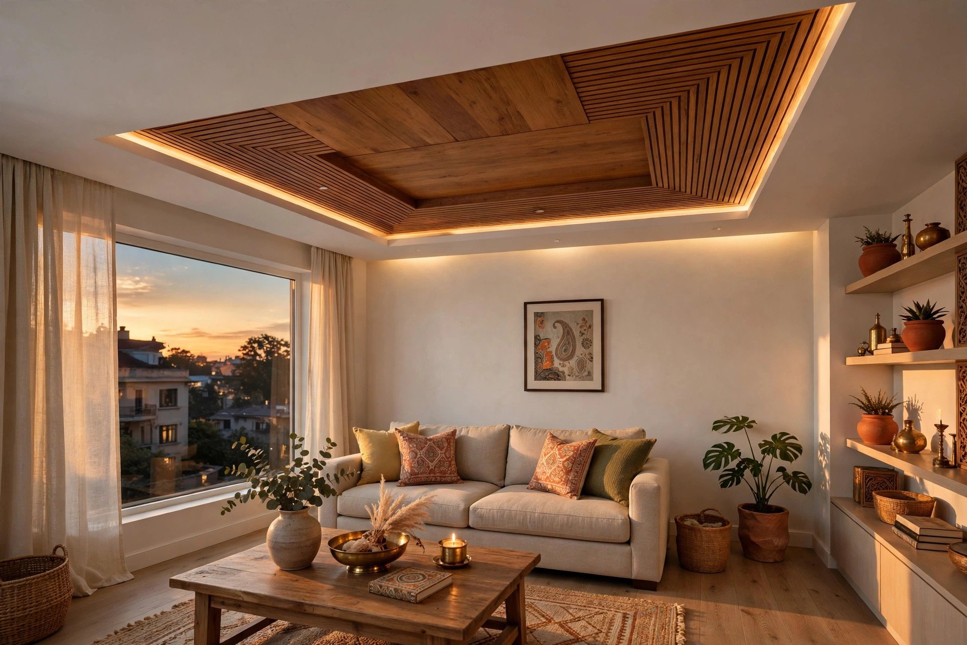 Concept render of a living room with a wooden accent section in the false ceiling over the seating area