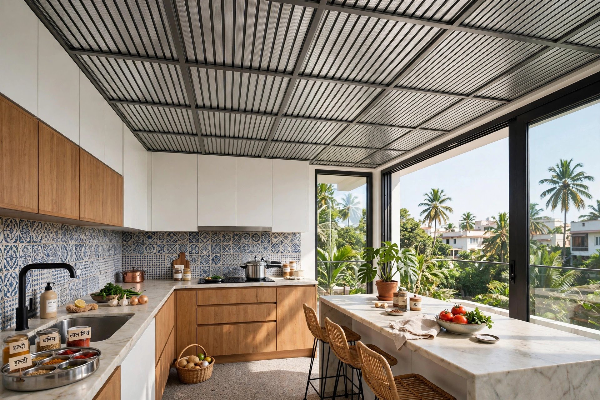 Concept render of a metal grid false ceiling in a modern kitchen with linear panels