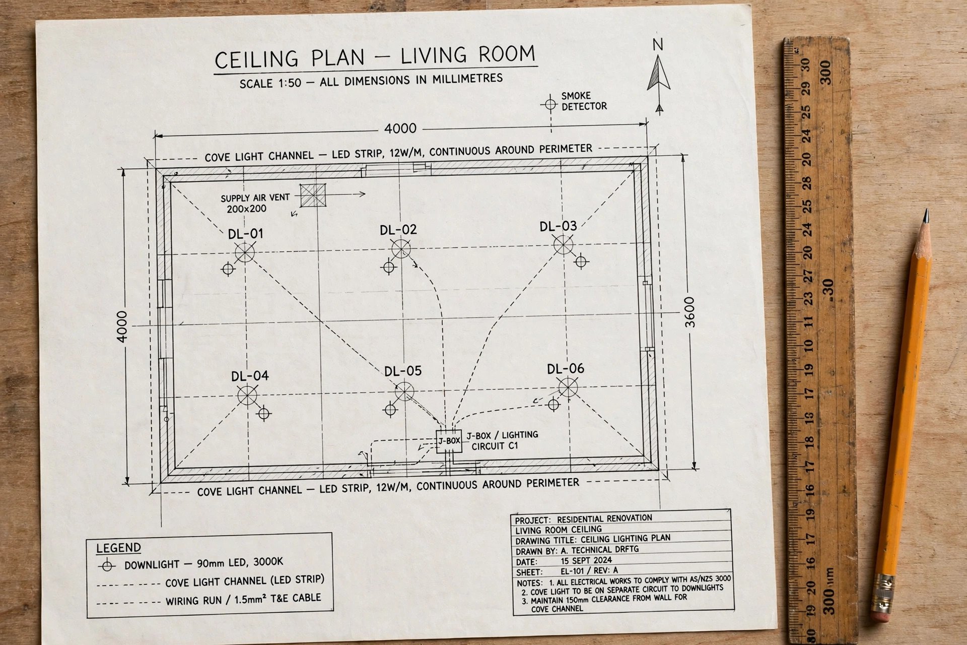 Illustrated ceiling plan drawing with marked positions for downlights, cove channels, and wiring runs before installation