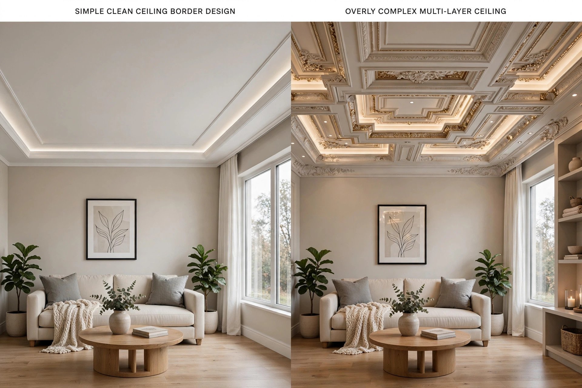 Split concept render comparing a simple clean ceiling border design with an overly complex multi-layer ceiling