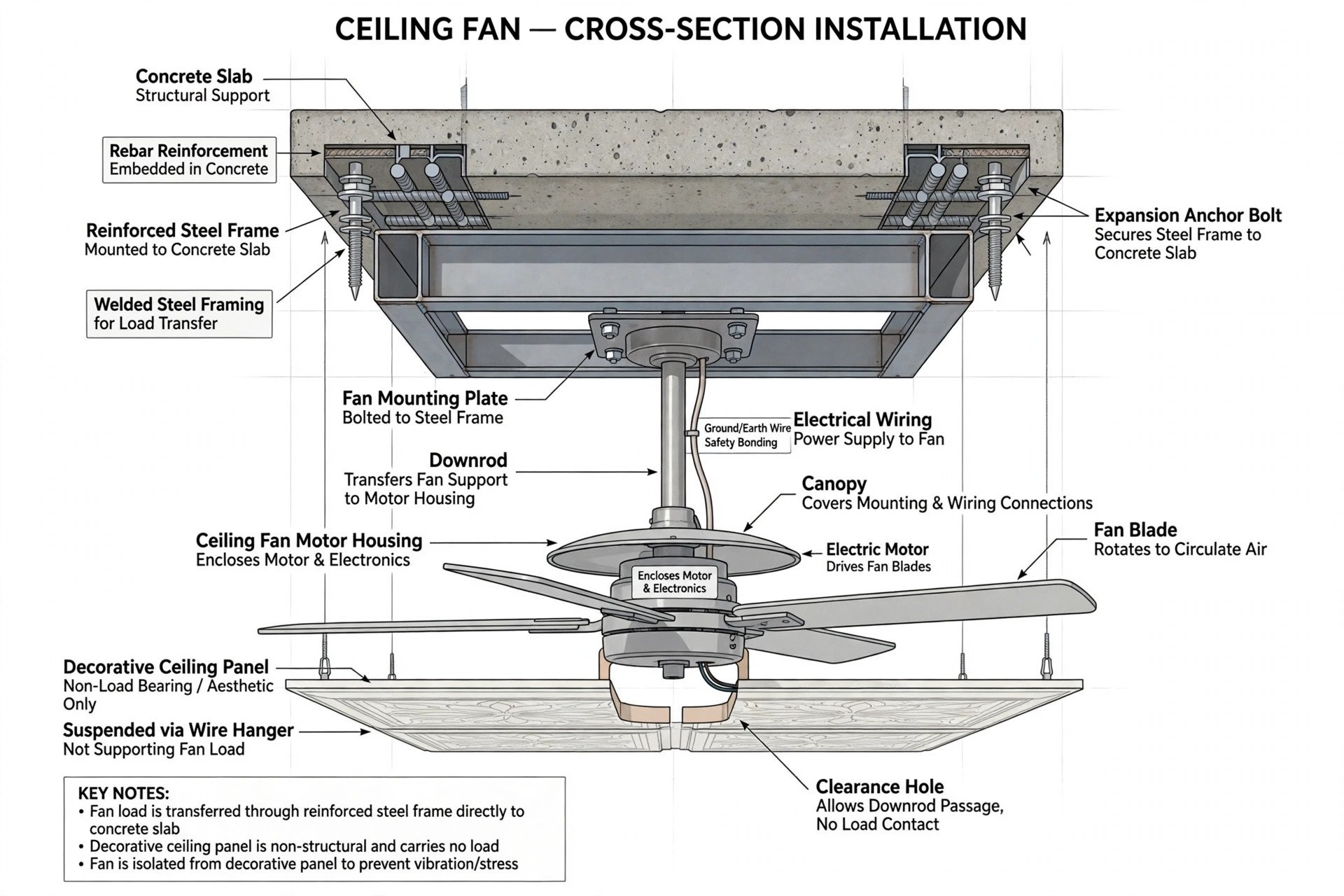 Illustrated cross-section showing a ceiling fan anchored through a reinforced frame to the slab, not to the decorative panel