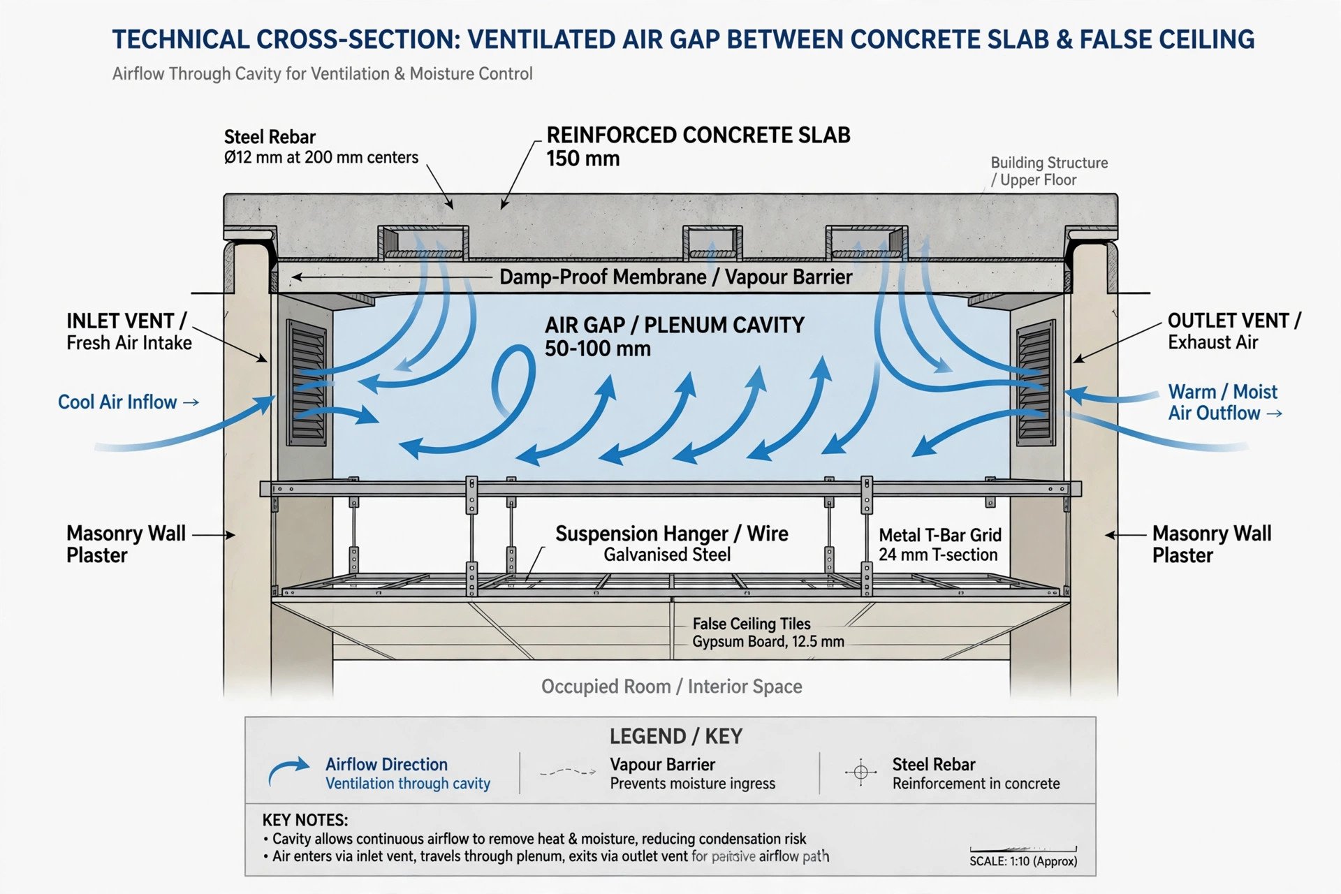 Illustrated cross-section showing the air gap between slab and false ceiling with ventilation airflow