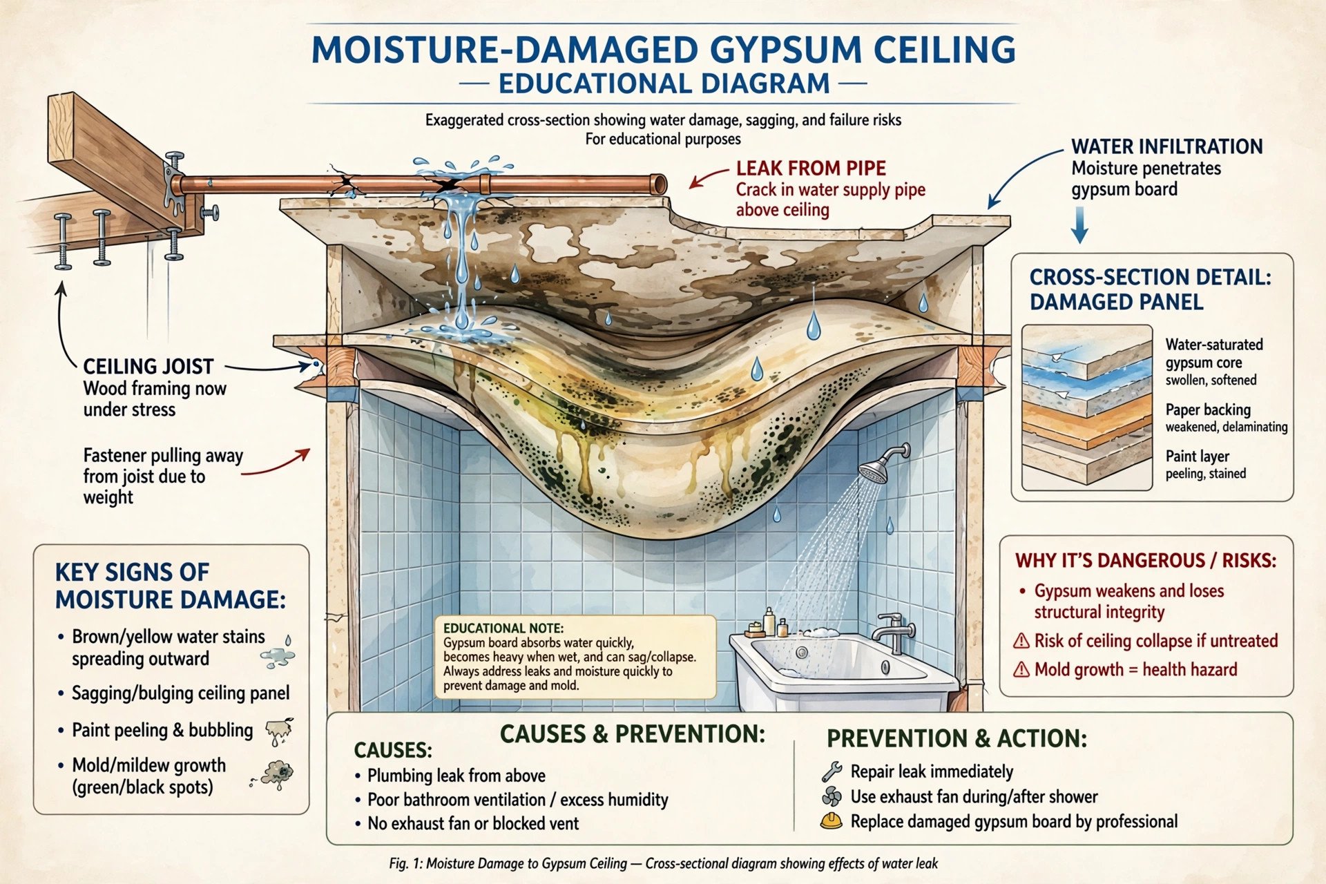 Illustrated teaching example of a moisture-damaged sagging gypsum ceiling in a bathroom from using the wrong material