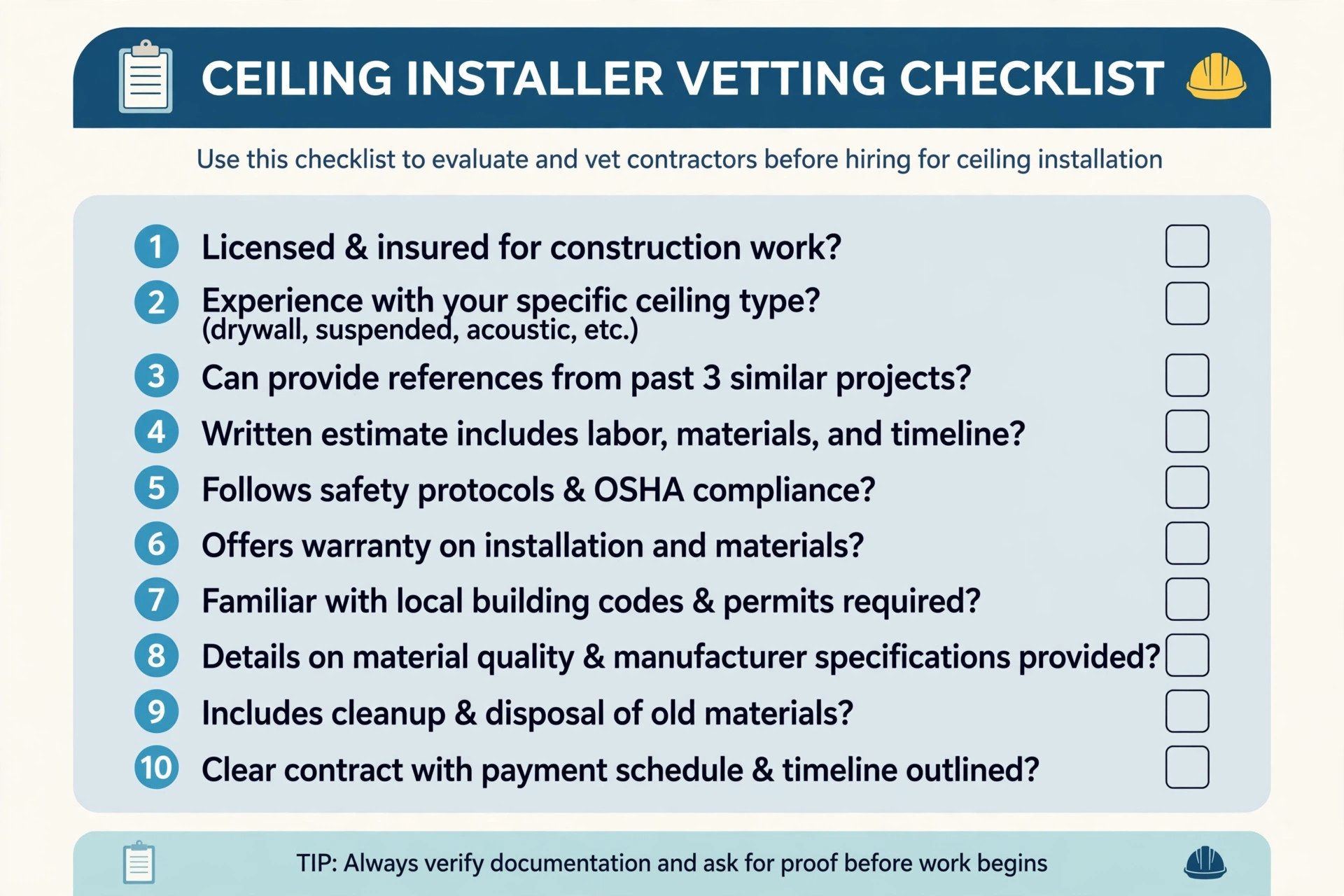 Illustrated checklist graphic of interview questions for vetting a false ceiling installer