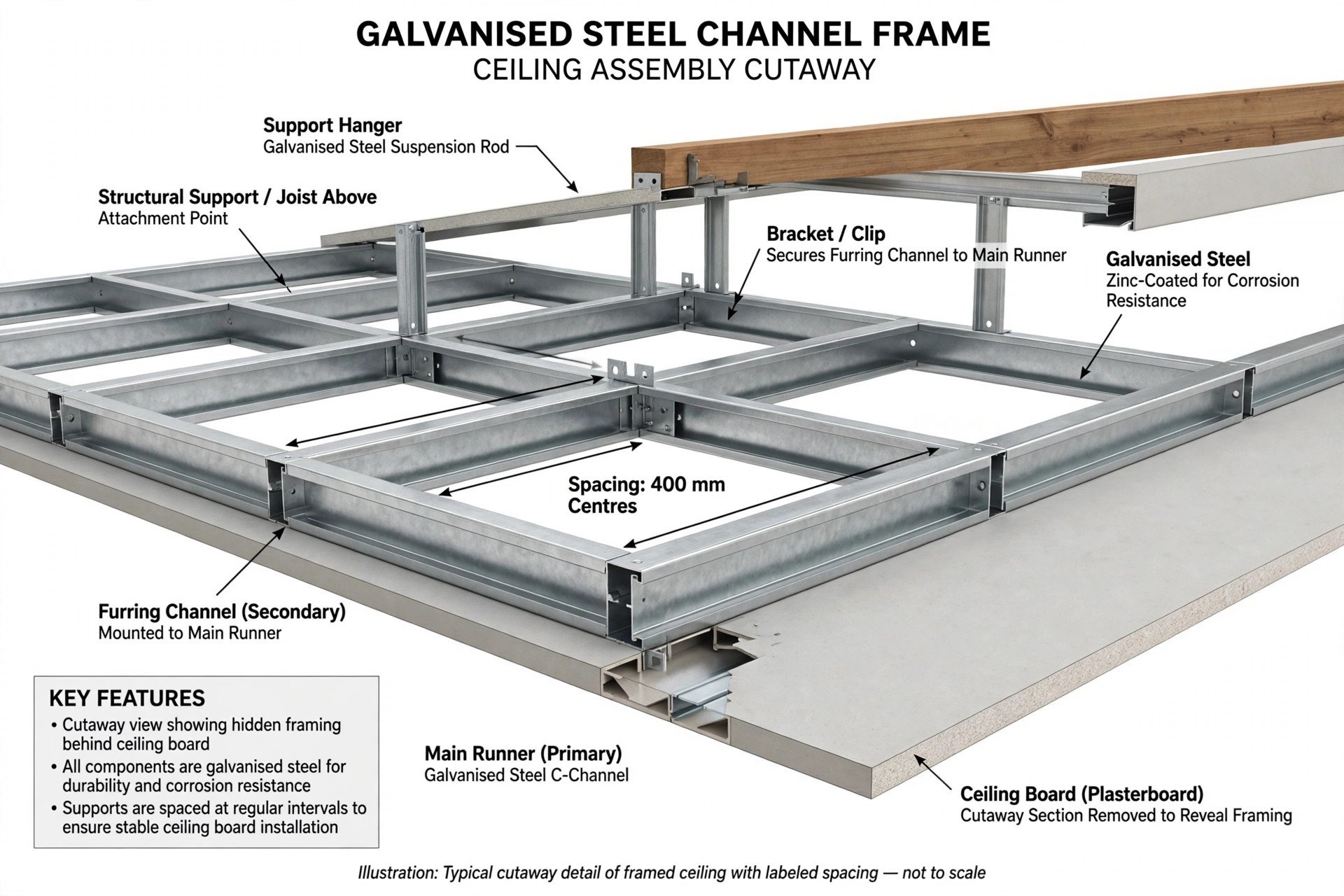 Illustrated close-up of a galvanised steel channel frame structure with correctly spaced supports behind ceiling boards