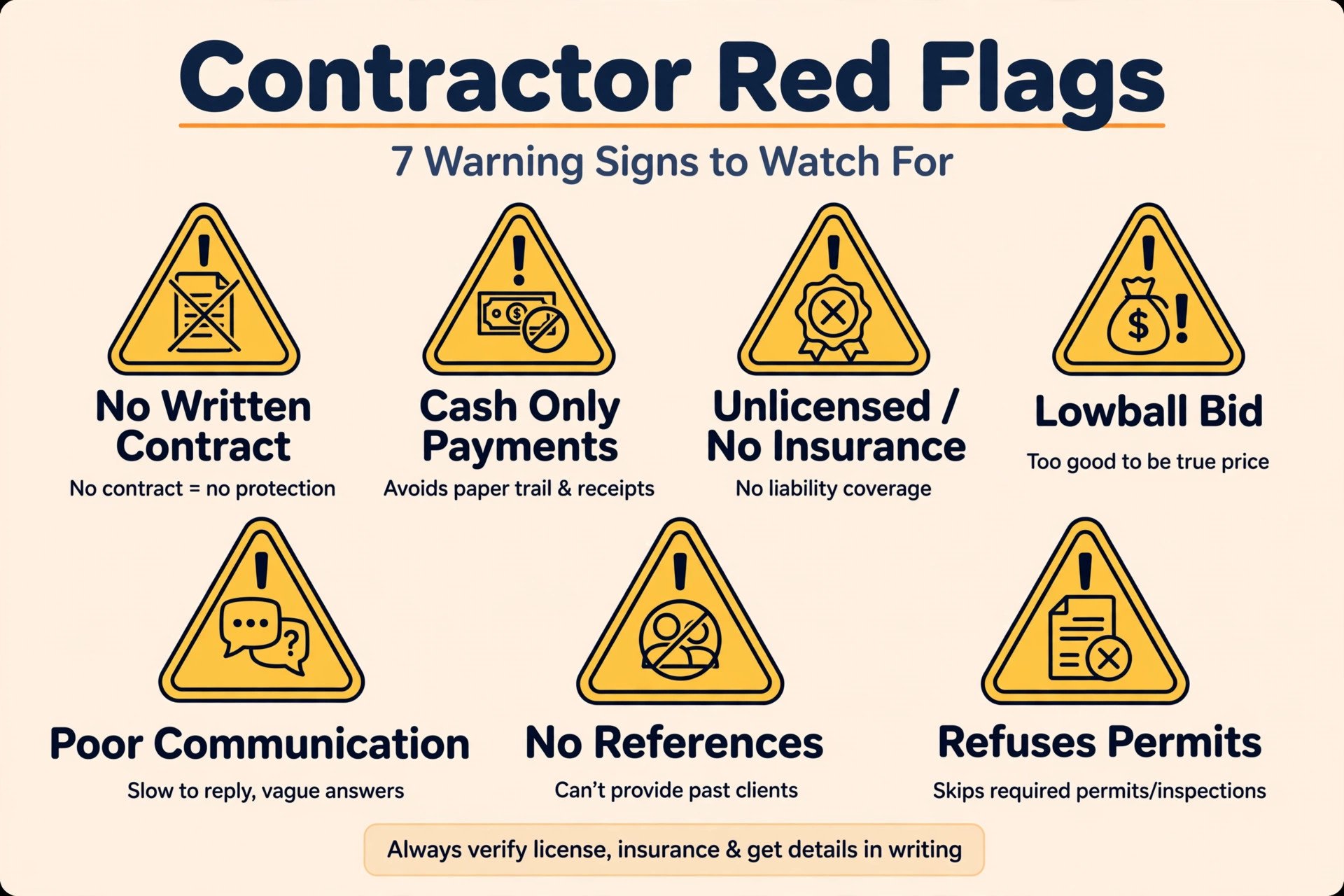 Illustrated warning-sign graphic summarising contractor red flags when hiring a false ceiling installer