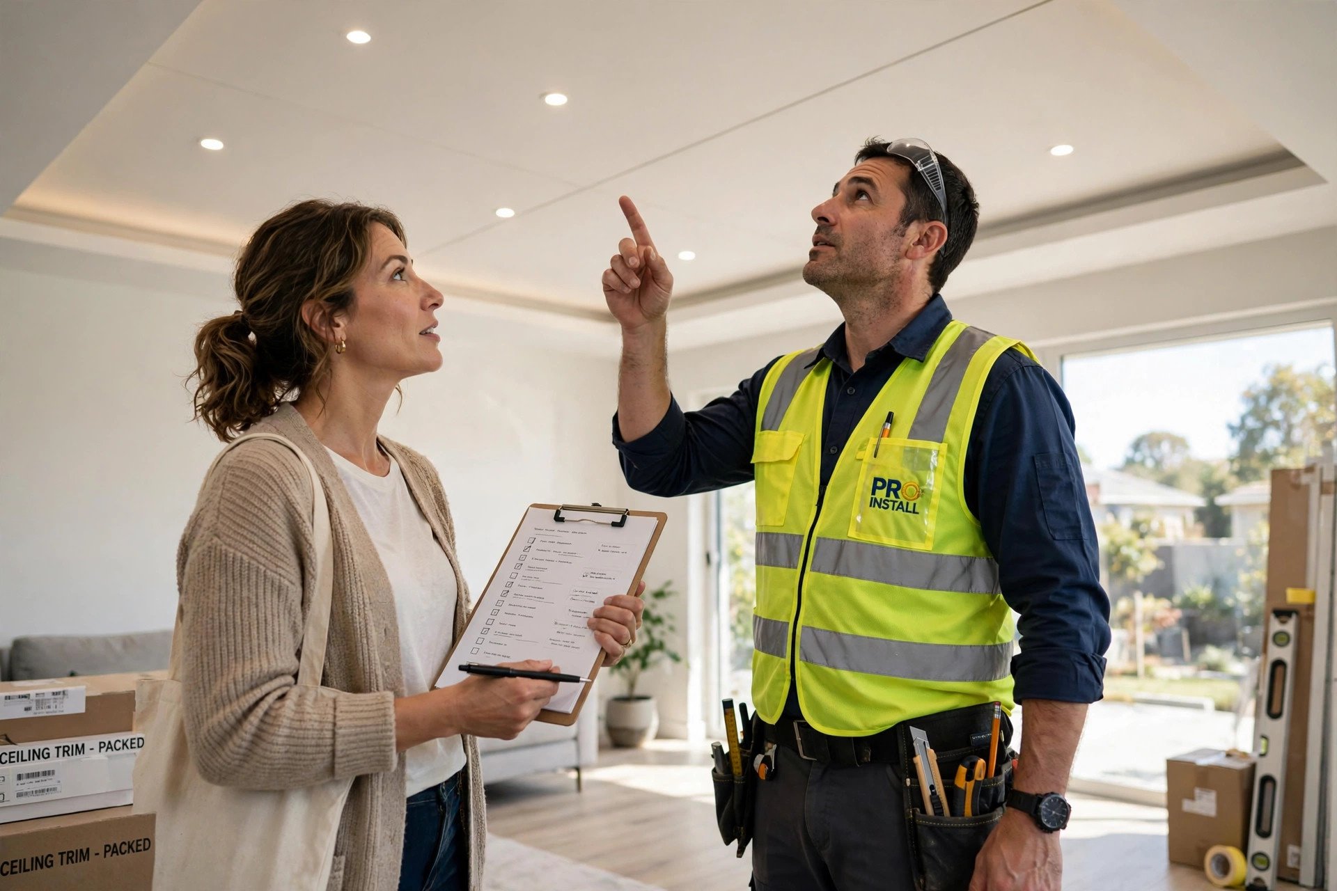 Concept render of a homeowner and installer reviewing a finished false ceiling at handover with a checklist