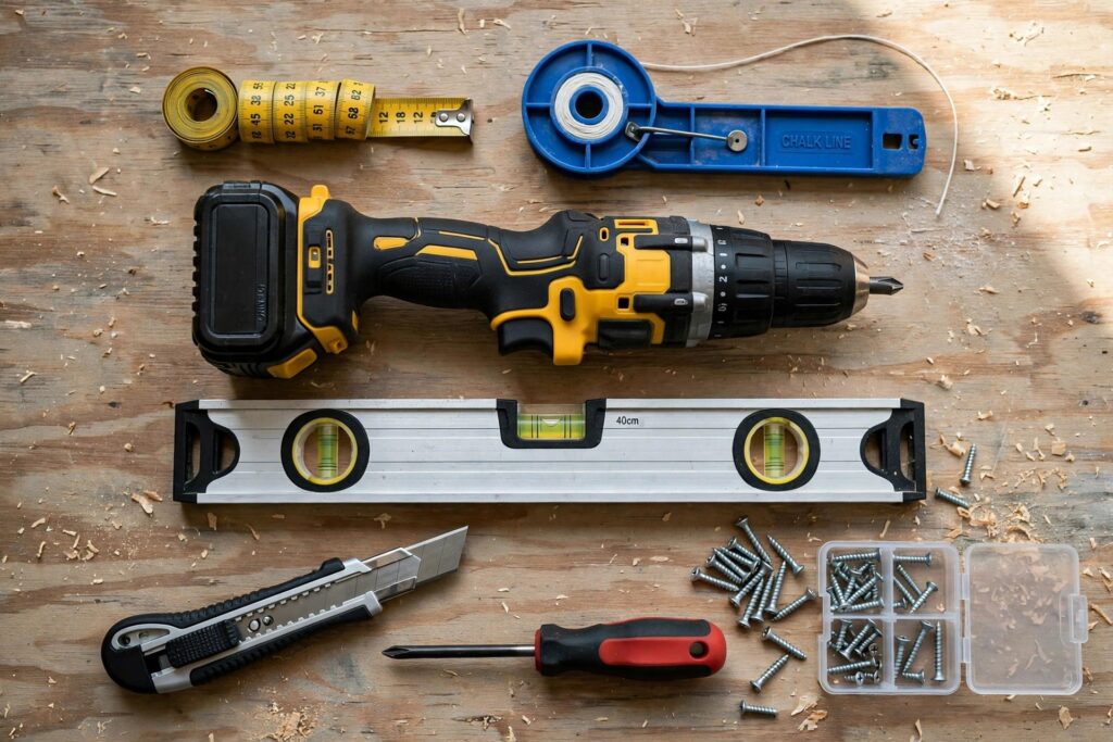 False ceiling installer's tools laid out: measuring tape, chalk line, drill, spirit level, utility knife and screws