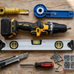 False ceiling installer's tools laid out: measuring tape, chalk line, drill, spirit level, utility knife and screws