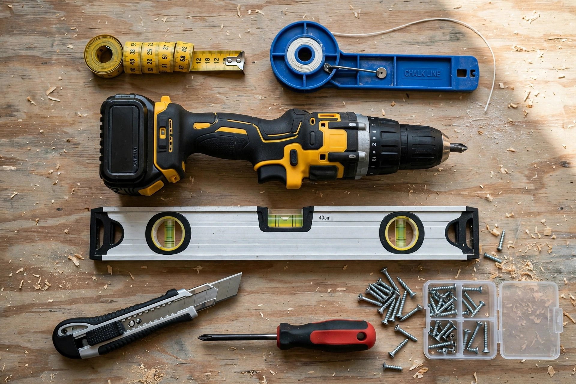 False ceiling installer's tools laid out: measuring tape, chalk line, drill, spirit level, utility knife and screws