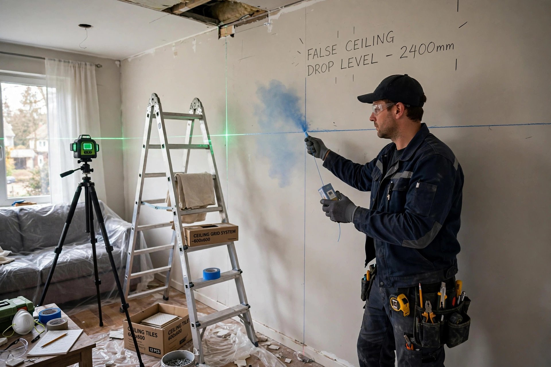 Installer marking the false ceiling height level on a wall with a chalk line