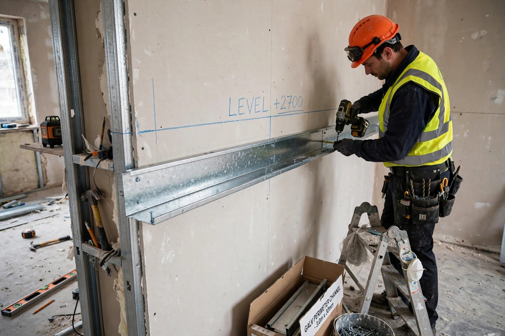 Metal perimeter channel being fixed along the marked level line on a room wall