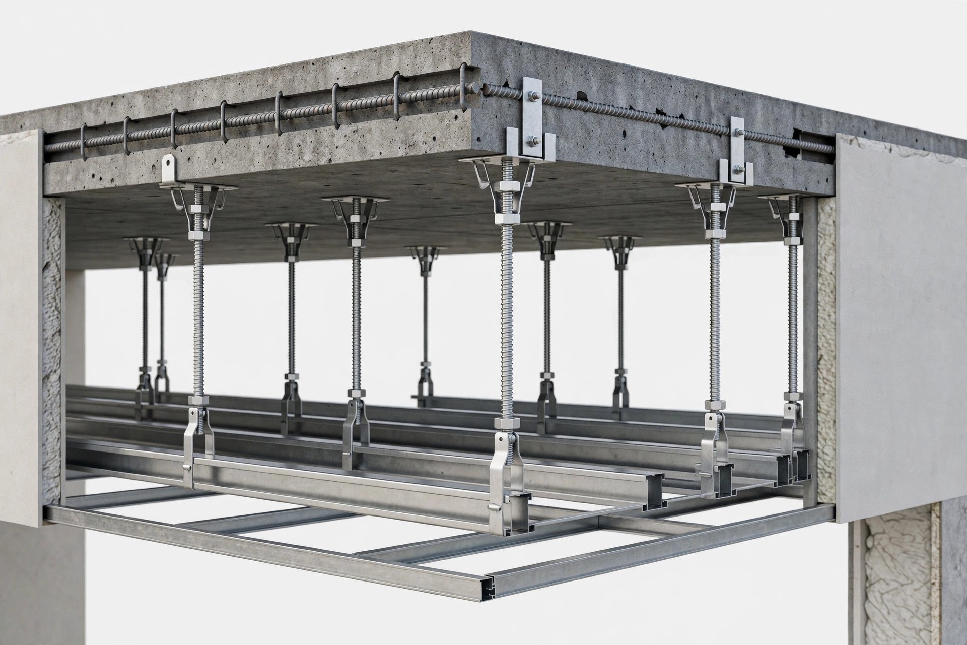 Metal hangers dropping from the concrete slab holding the main channels of a false ceiling framework
