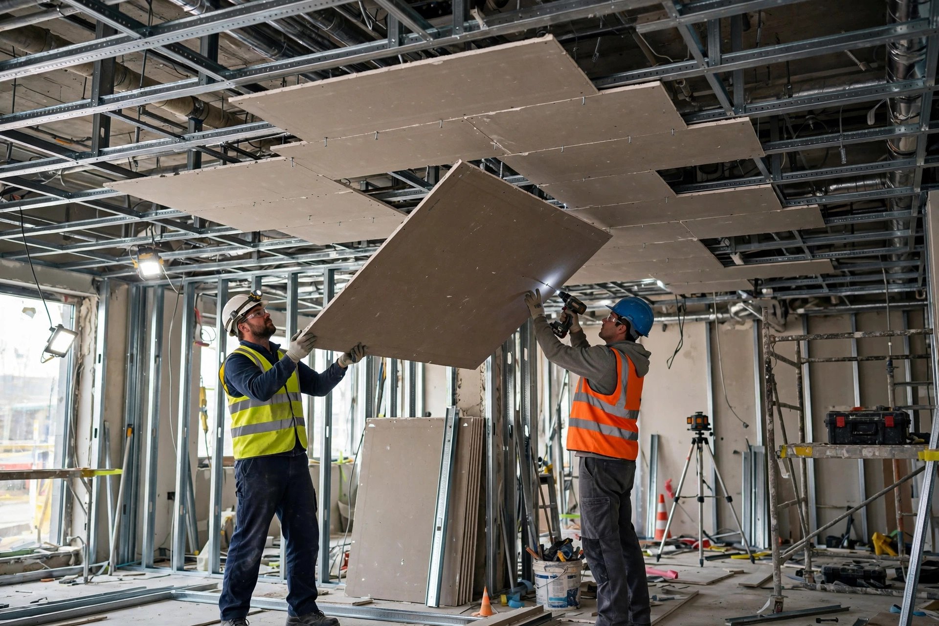 Worker fixing a gypsum board to the metal ceiling framework with screws
