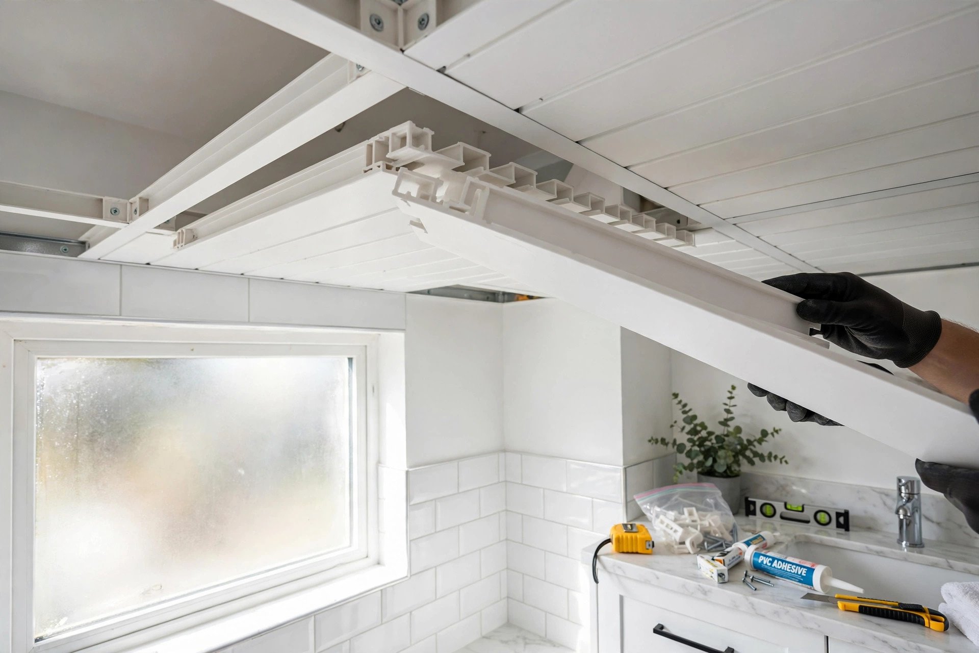 Interlocking PVC ceiling panels being fitted into their framing in a bathroom