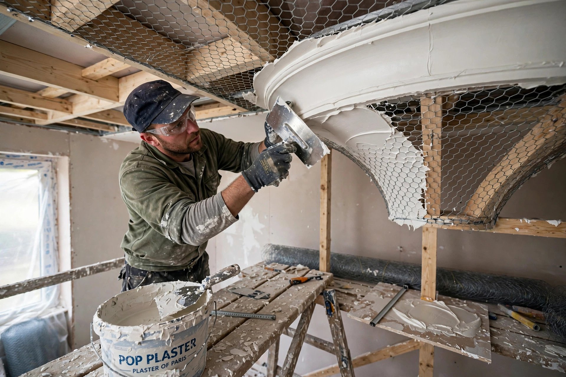 Craftsman applying and shaping POP plaster over mesh on a ceiling framework