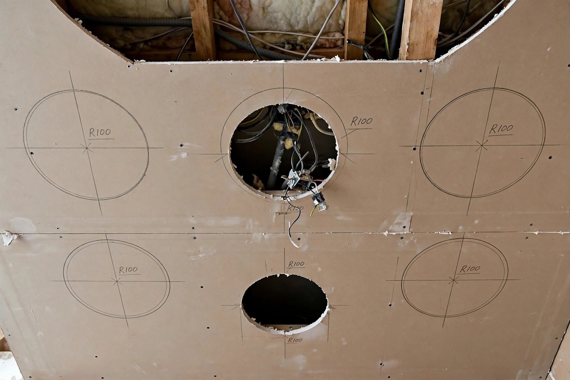 Positions for recessed ceiling lights marked and cut into a newly boarded false ceiling