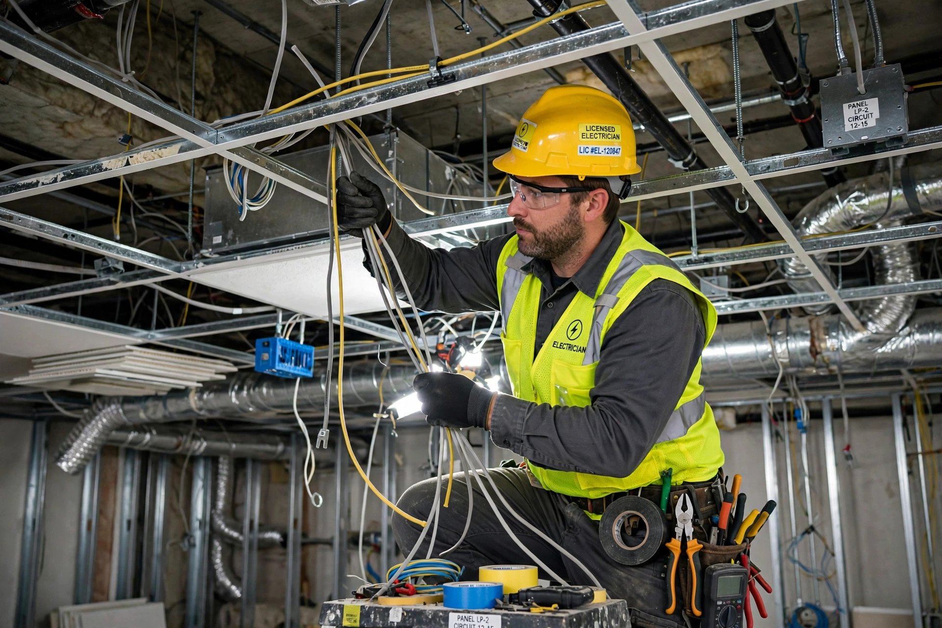 Licensed electrician routing wiring in the space above a false ceiling before it is closed