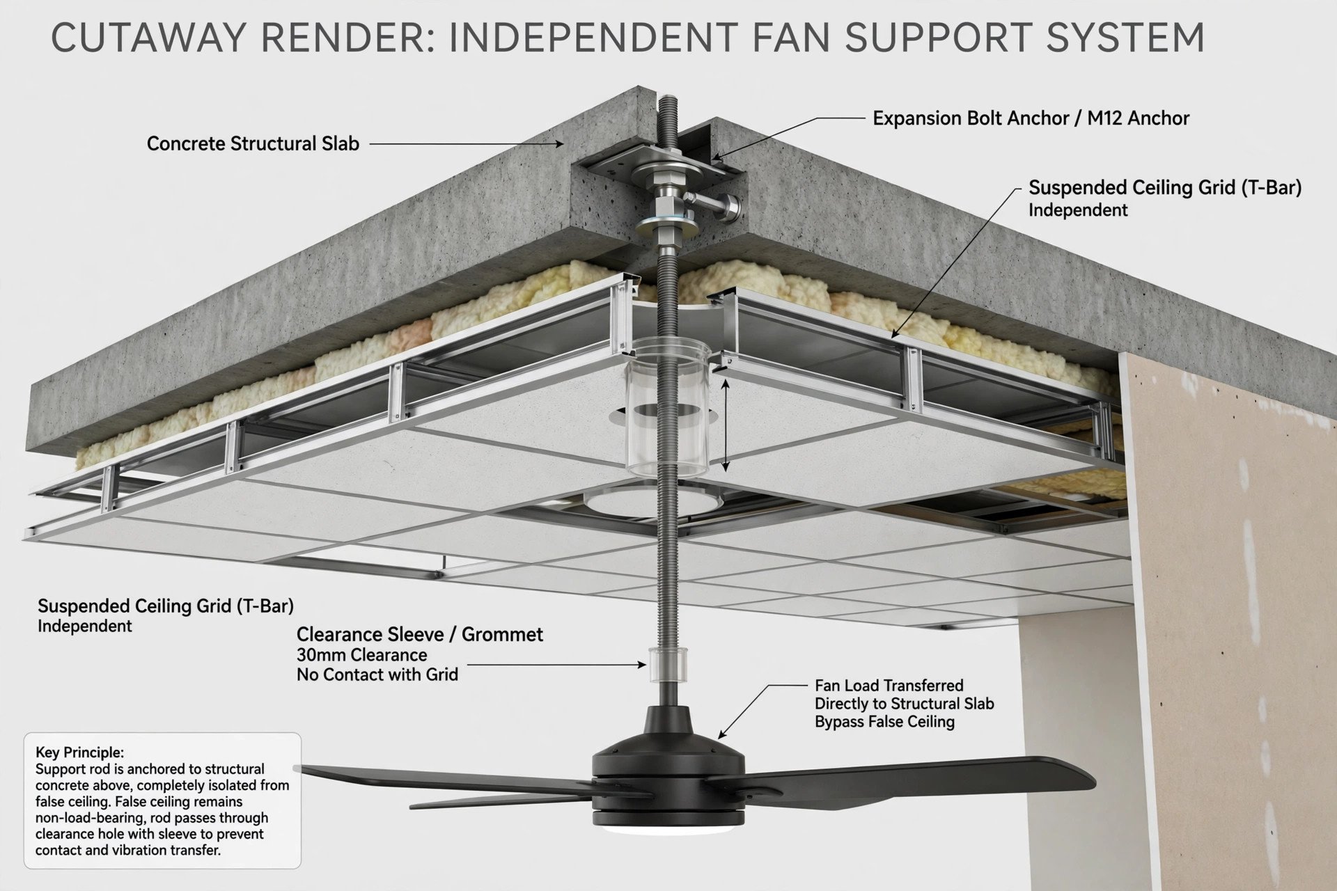 Ceiling fan support anchored independently to the structural slab above a false ceiling