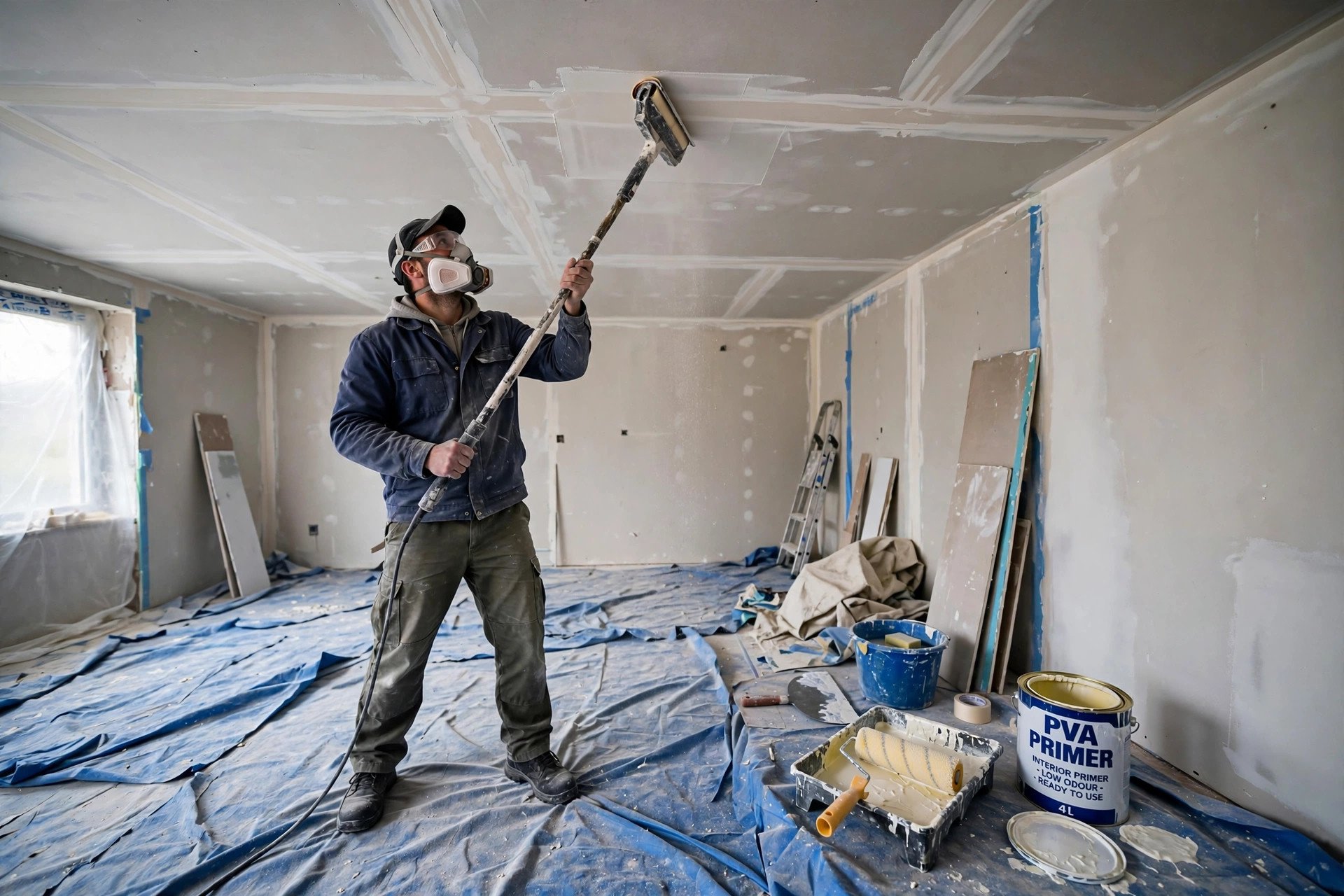 Worker sanding a false ceiling smooth before primer and paint are applied
