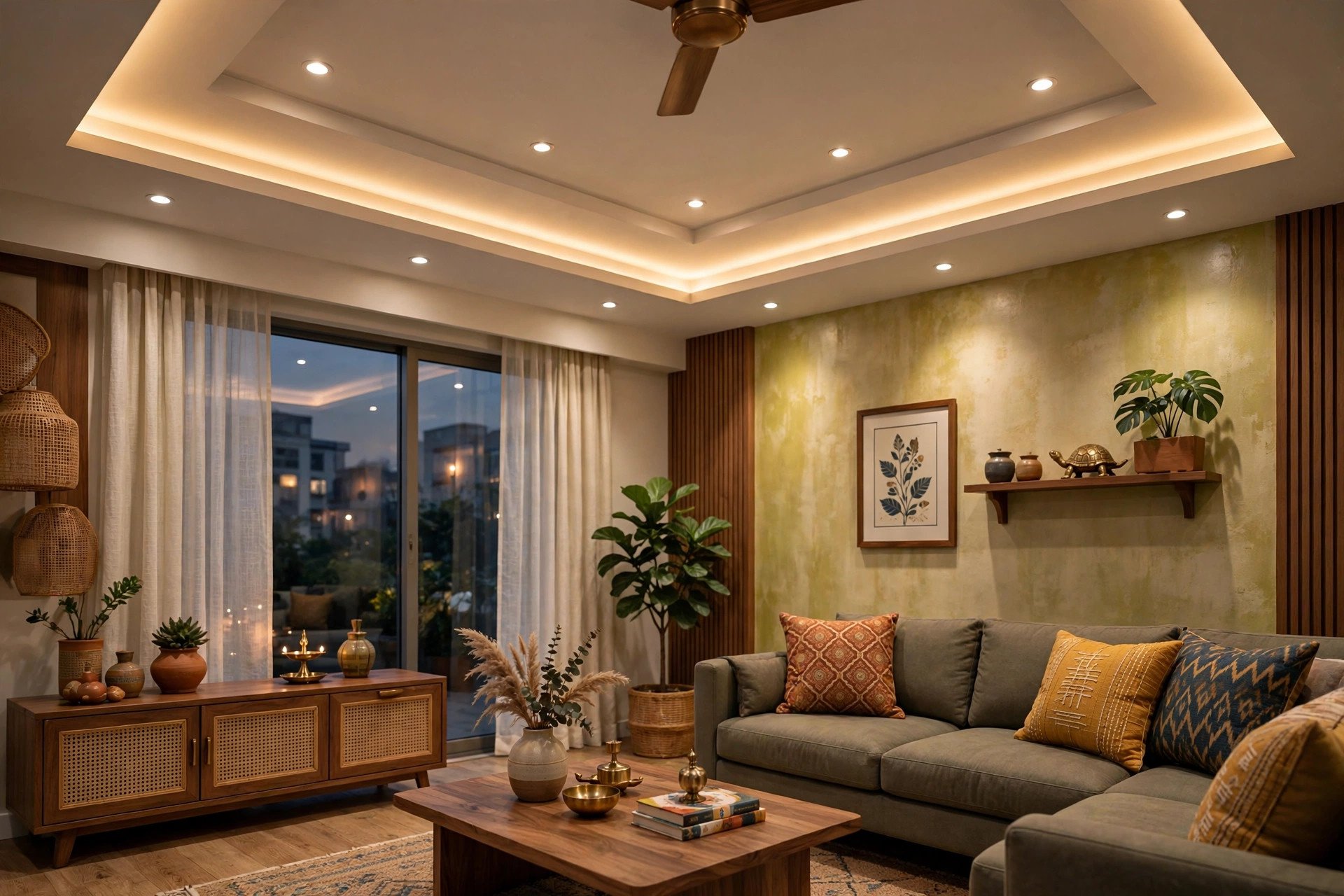 Finished false ceiling with cove lighting and recessed lights in a living room
