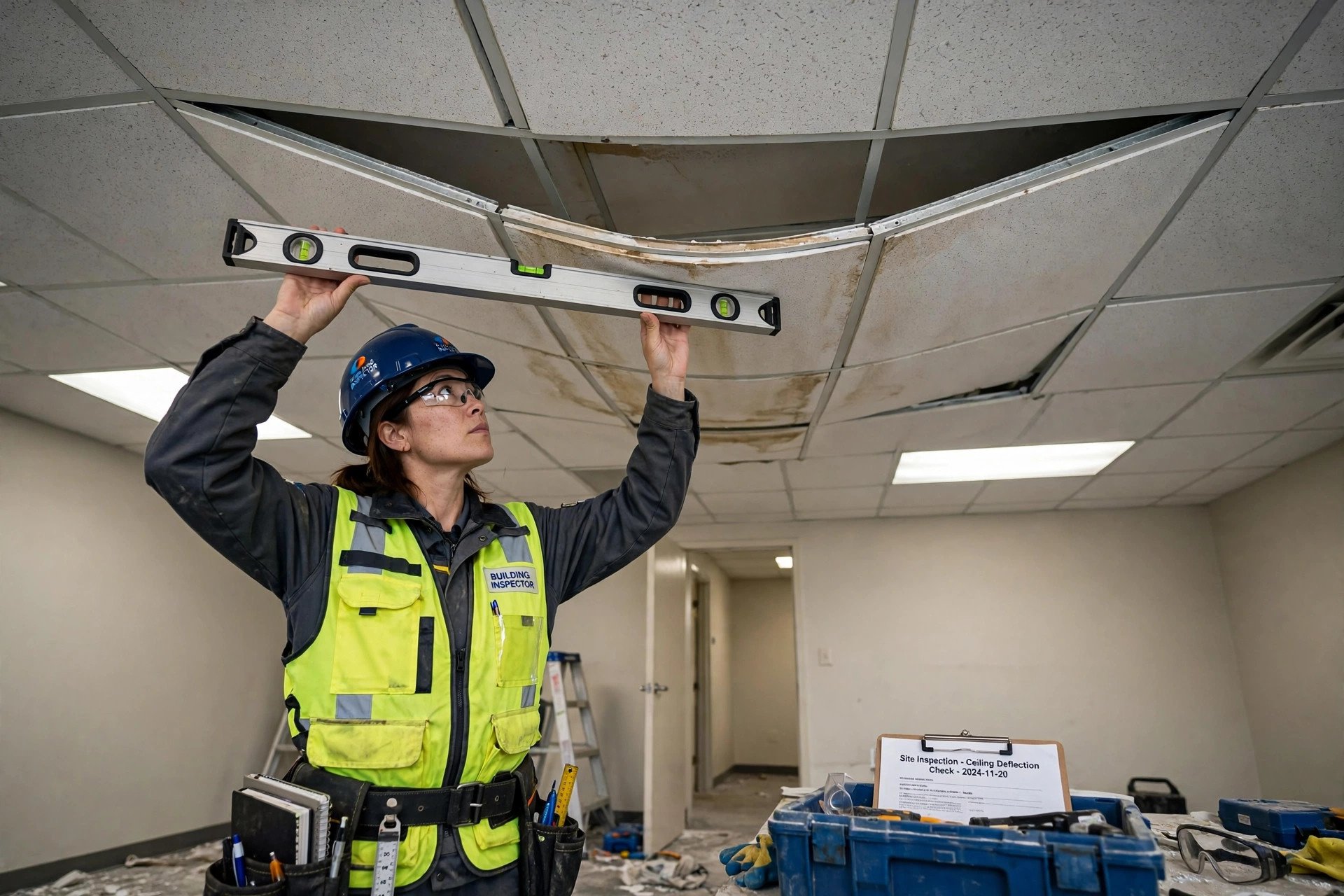 Sagging section of a false ceiling being inspected from below with a straight edge
