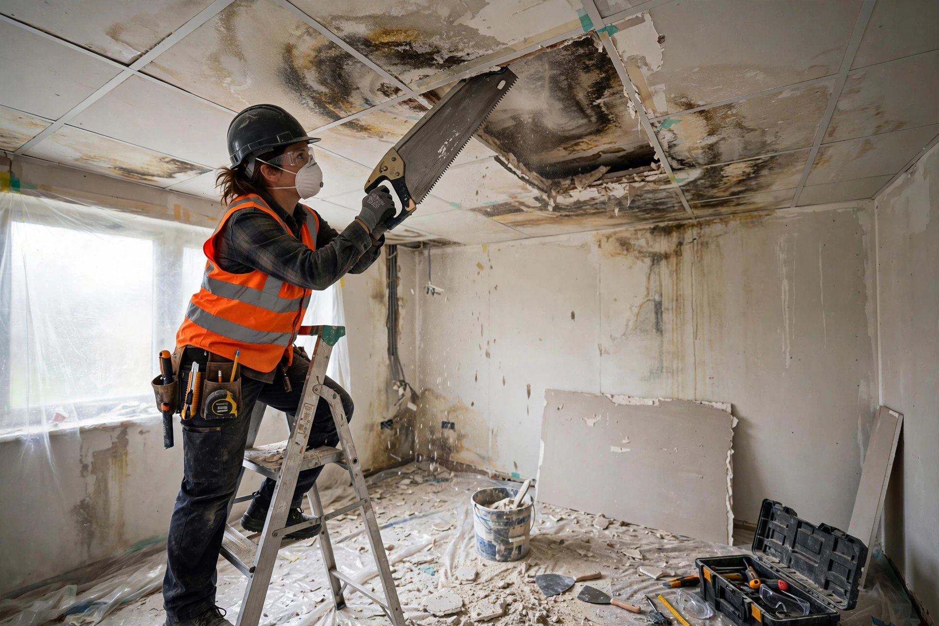 Professional cutting out and replacing a water-damaged section of a gypsum false ceiling