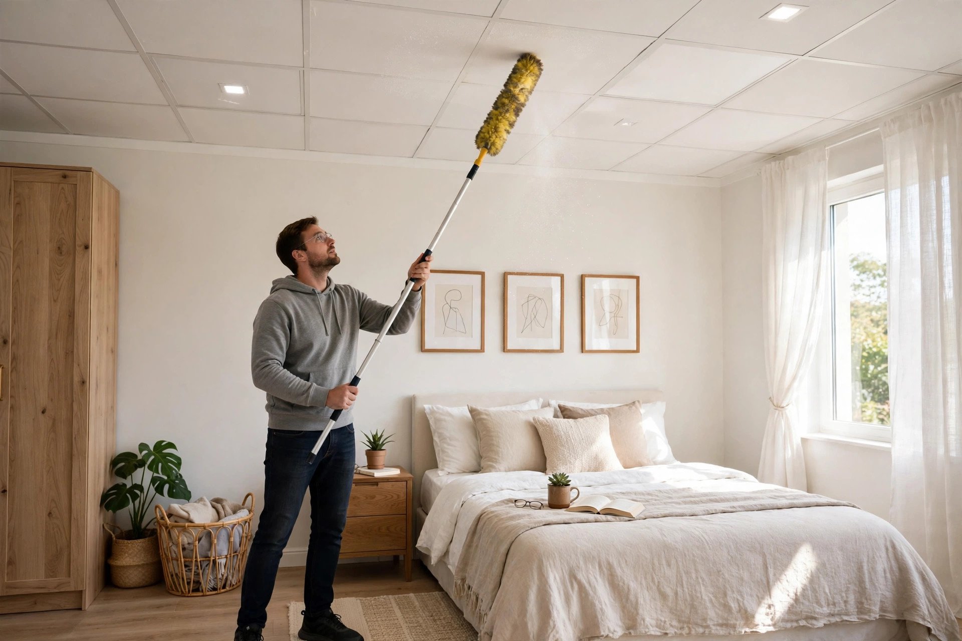 Homeowner dusting a false ceiling with a long-handled microfibre duster