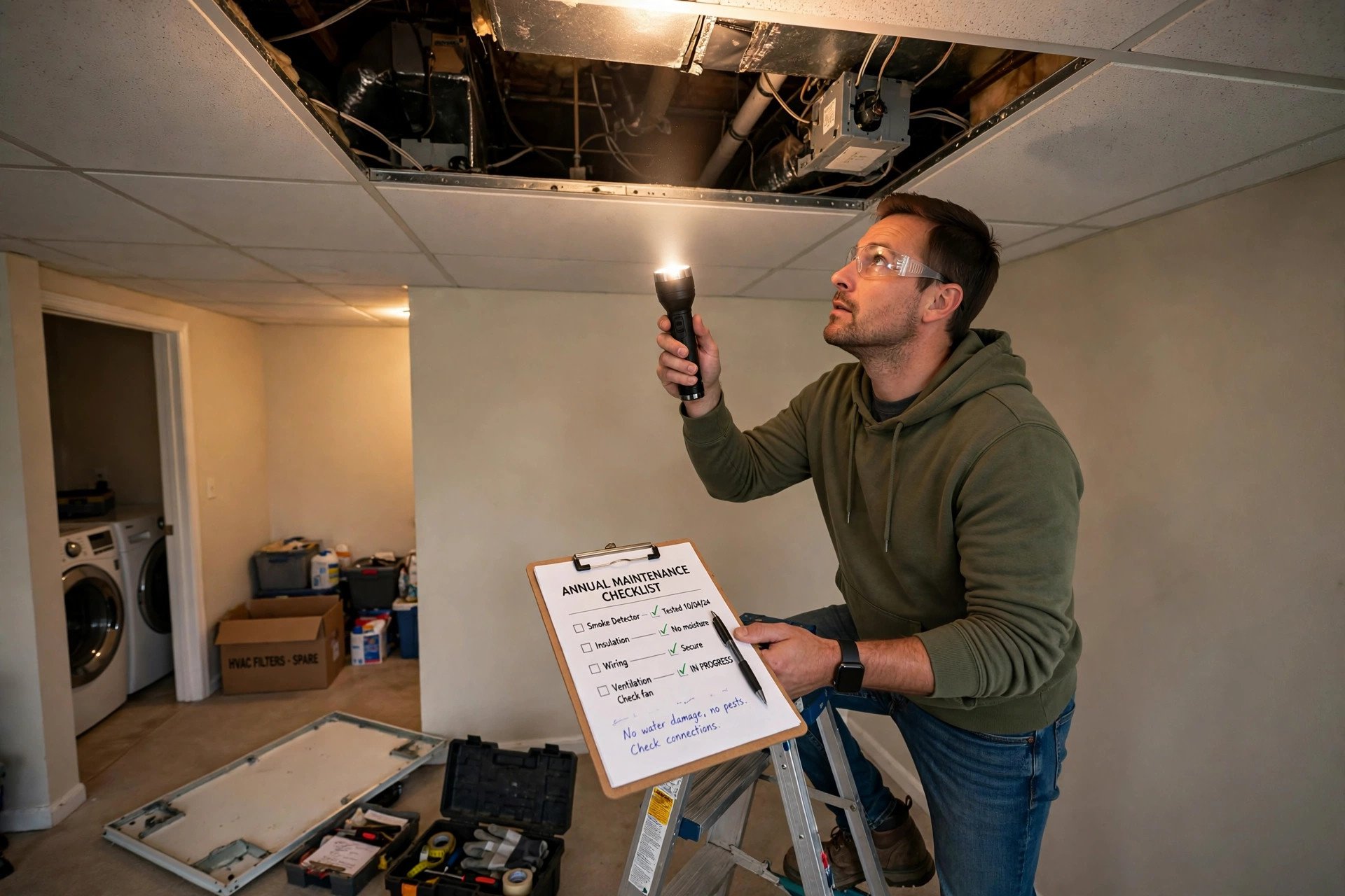 Homeowner inspecting a false ceiling with a torch during an annual maintenance check