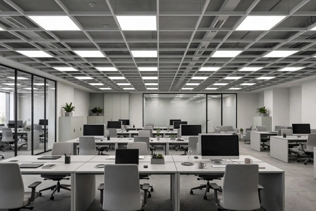 Open-plan office with a grid-tile false ceiling, rows of LED panels and neat workstations below