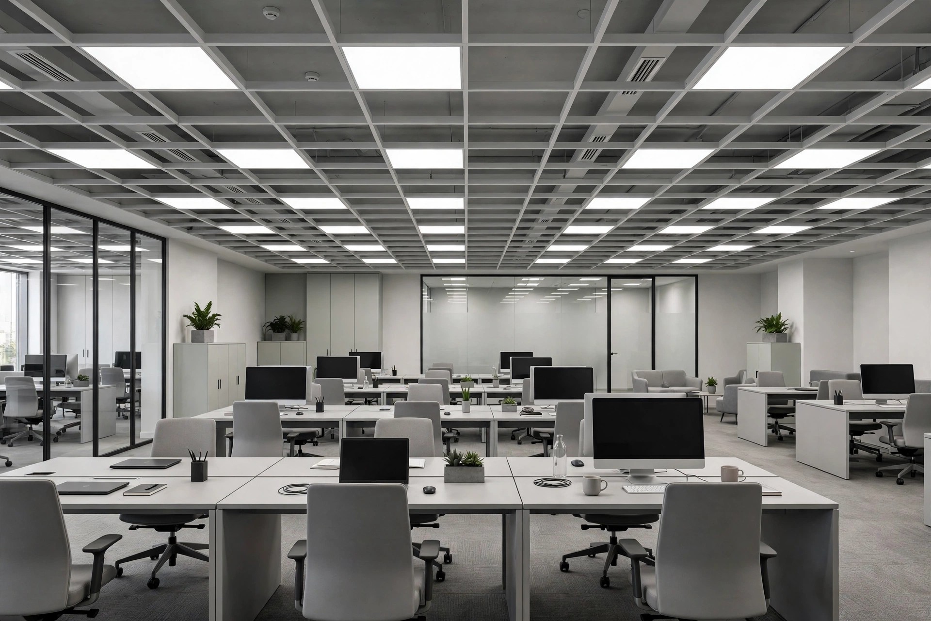 Open-plan office with a grid-tile false ceiling, rows of LED panels and neat workstations below