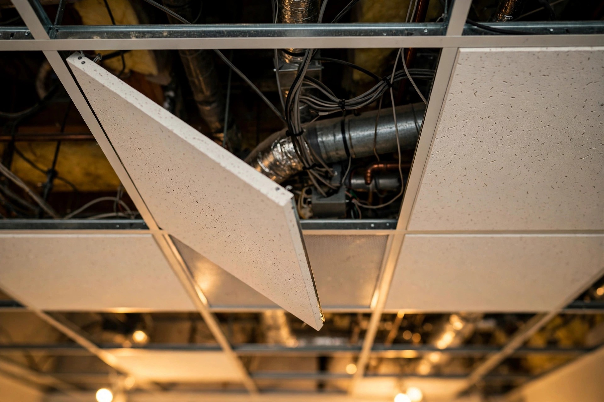 Close view of a suspended T-bar grid with one acoustic tile tilted to show the access above