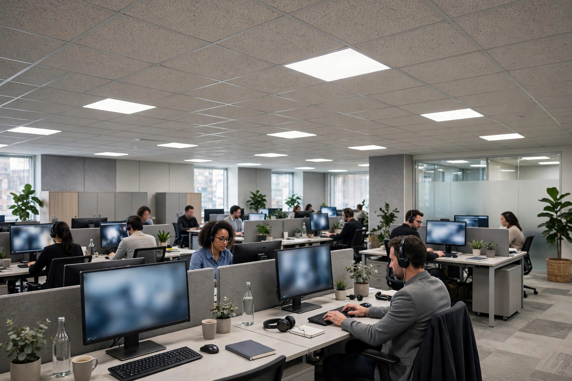 Open office floor with an acoustic mineral fibre tile ceiling above rows of desks