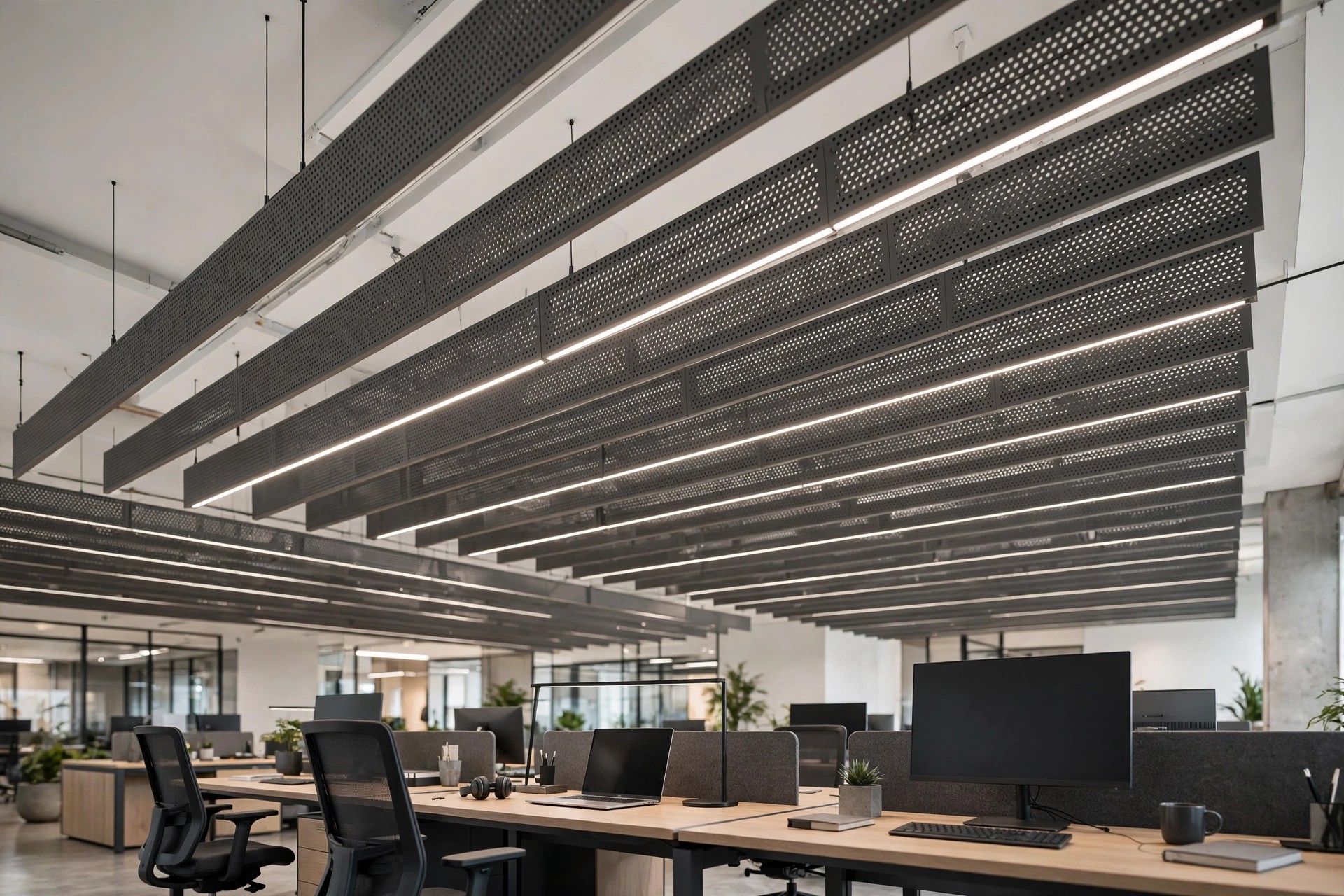 Linear perforated metal baffles suspended over office workstations, hiding thin light strips