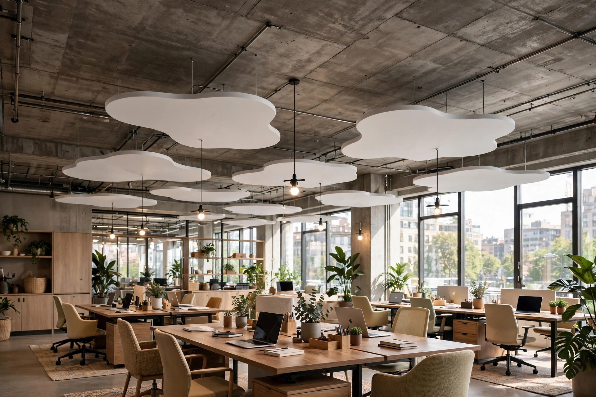 Office with an exposed concrete slab and hanging acoustic clouds over desk clusters