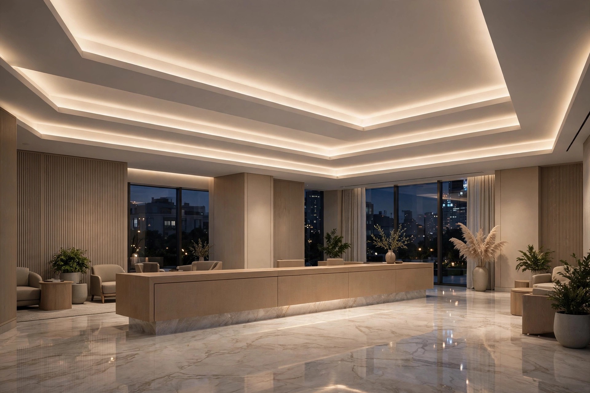Office reception with a stepped tray ceiling, warm cove lighting and a backlit company logo wall